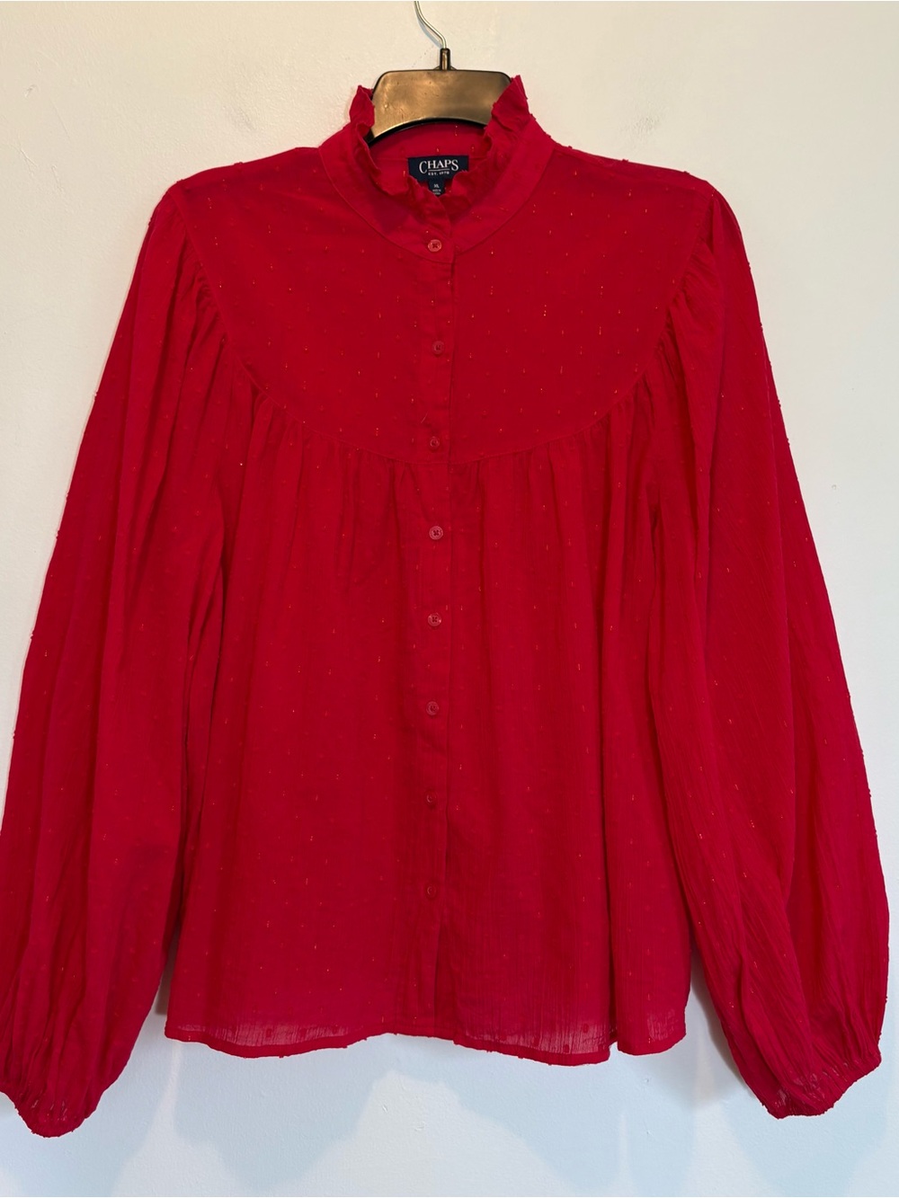 Chaps Ruffle High Neck Swiss Dot Red Blouse Metallic Gold Dusting XL Puff Sleeve